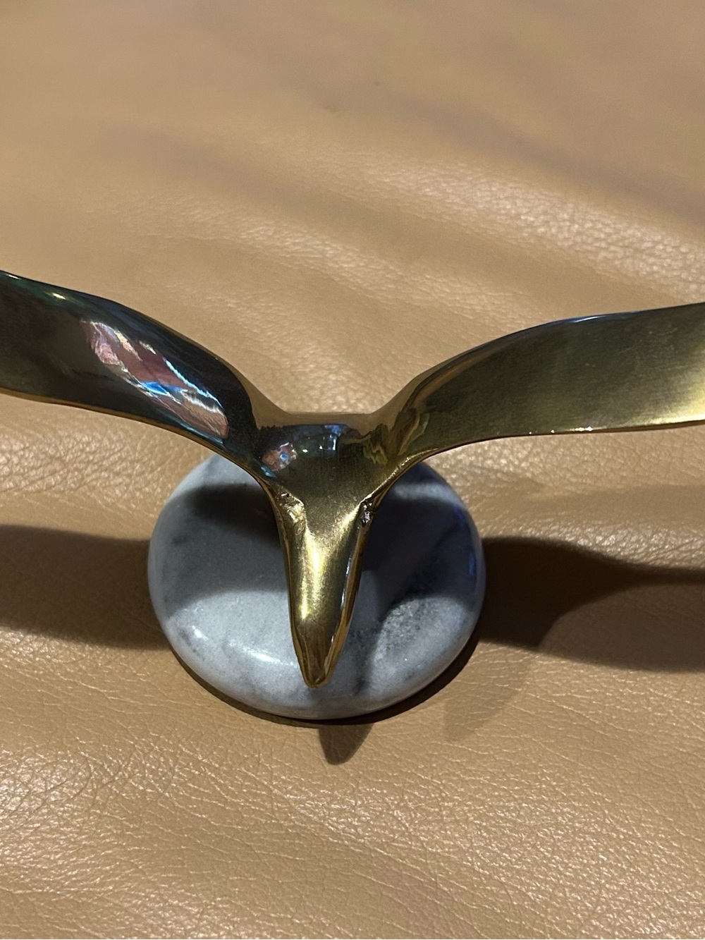 Brass Eagle bird Sculpture on Marble Base - small nick. 8” wing span.